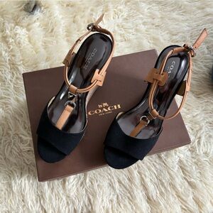 Coach black & brown strappy wedges